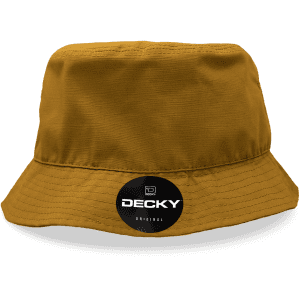 A brown bucket hat with a black logo on the front and a wide brim.