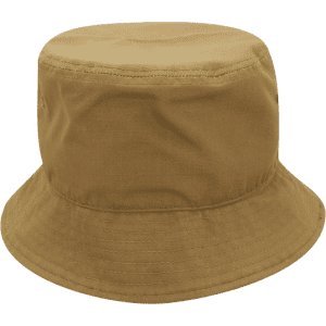 A relaxed bucket hat in a warm mustard colour with a wide brim and a simple design. Features a logo.
