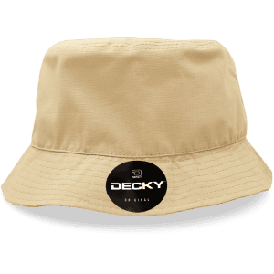 A beige bucket hat featuring a round logo on the front. The hat has a classic, relaxed style.