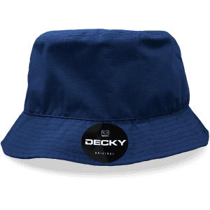A navy blue bucket hat featuring a circular logo on the front.