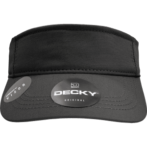 A black visor with a wide, curved brim and a logo, featuring a smooth fabric design.