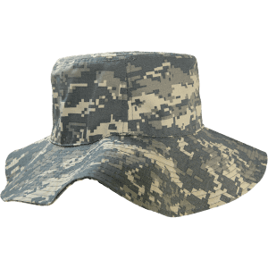 A structured boonie hat in a grey and cream camouflage pattern with a wide brim and a logo.