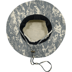 A structured grey camouflage hat with a wide brim and internal lining, featuring an adjustable chin strap.