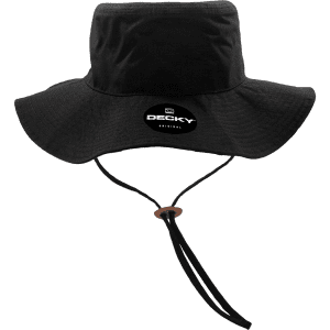 A black ripstop bucket hat with a wide brim and an adjustable chin strap, featuring a logo.