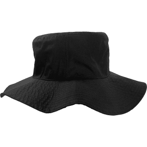 A black bucket hat with a wide brim, featuring a textured fabric and a logo on the side.