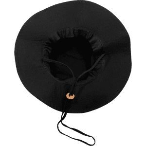 A black structured hat with an adjustable drawstring and a circular shape. It features a logo.