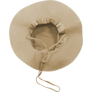 A structured boonie hat in a light tan colour, featuring a wide brim and adjustable cord.