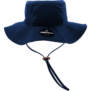 A navy blue bucket hat with a strap and a logo on the front.