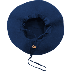 A structured navy blue hat featuring a drawstring and a round, shallow crown design. The hat has a logo.