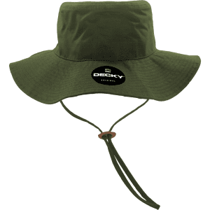 A green bucket hat with a logo, featuring a wide brim and adjustable chin strap.