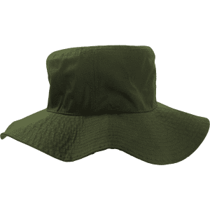A structured olive green bucket hat with a wide brim and a flat crown. It features a logo on the side.