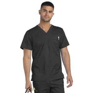 A men's black tuckable V-neck top featuring a pocket and a logo, displayed on a model holding a bag.