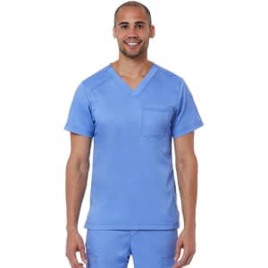 A blue men's V-neck top with a pocket, featuring short sleeves and a logo.