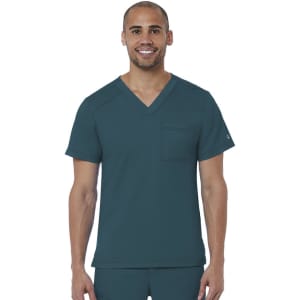 A men’s v-neck top in deep teal, featuring a chest pocket and short sleeves. The product has a logo.