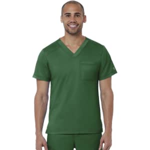 A men's v-neck top in deep green with a pocket, featuring a logo on the shoulder.