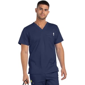 A men's navy V-neck top featuring a front pocket and a logo. Suitable for professional settings.