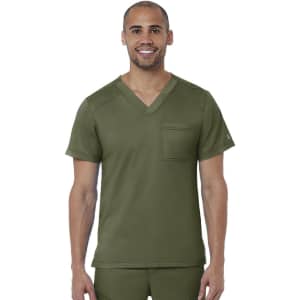 A men's V-neck top in olive green, featuring a pocket and a logo on the sleeve.