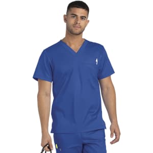 A men's blue V-neck top with a pocket and a logo, featuring a comfortable and professional design.