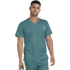 A men's v-neck top in teal with a chest pocket and a logo, designed for a professional setting.