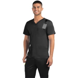 A men's black V-neck top featuring three pockets and a logo on the chest.