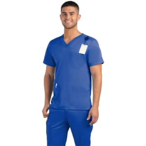 A men's blue V-neck top featuring three pockets and a logo, displayed on a model.