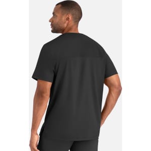 A men's black Henley top featuring short sleeves and a simple design. The back view shows a smooth finish and slight detailing.