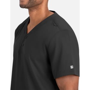 A black men's tuckable henley top featuring short sleeves and a buttoned neckline, with a logo on the sleeve.