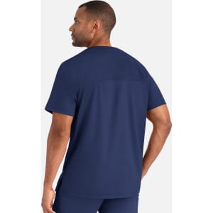 A men's navy blue tuckable henley top with short sleeves and a back yoke detail. It features a logo.