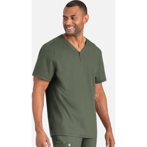 A men's tuckable henley top in olive green, featuring a button placket and a relaxed fit. It has a logo.