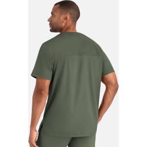 A men's tuckable Henley top in dark green, featuring short sleeves and a logo on the back.