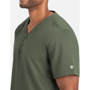 A men's henley top in olive green, featuring short sleeves and a slight collar detail, with a logo on the sleeve.