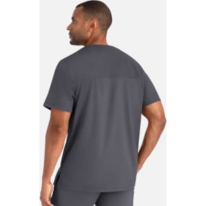 A men's henley top in dark grey, featuring short sleeves and a simple design. It has a logo on the back.