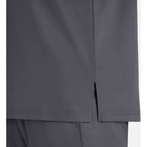 A grey men's tuckable Henley top featuring a split hem design and a logo.
