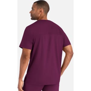A men's tuckable henley top in a deep burgundy colour, featuring short sleeves and a back view. It includes a brand logo.