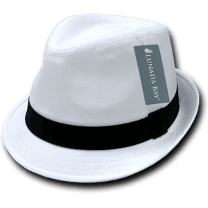A white fedora hat with a black band and a logo tag attached.