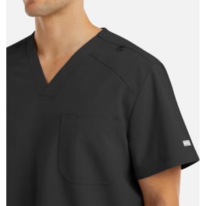 A black men's V-neck top with a pocket and logo detail on the sleeve.