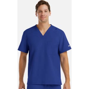 A mens v-neck top in a vibrant blue colour, featuring a pocket and a logo on the sleeve.
