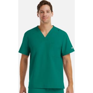 A men's v-neck top in teal, featuring short sleeves and a chest pocket, with a logo on one sleeve.
