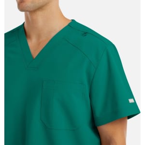 A V-neck top in teal featuring short sleeves, a pocket, and a branding logo.