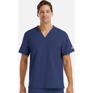 A men's navy V-neck top featuring short sleeves and a pocket, with a logo on one sleeve.