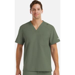 A men's tuckable v-neck top in olive green, featuring a pocket and a logo on one sleeve.
