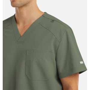 A men's v-neck top in olive green, featuring a pocket and a logo on the sleeve.