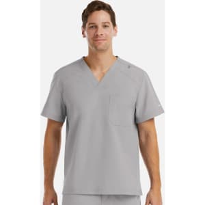 A light grey men's v-neck top with a pocket, featuring a logo on the sleeve.
