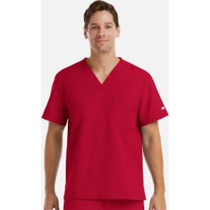 A red men's V-neck top with short sleeves and a single chest pocket, featuring a logo on the sleeve.