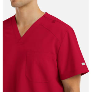 A red men's V-neck top featuring a chest pocket and a logo on the sleeve.