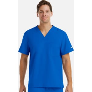 A blue V-neck top for men, featuring short sleeves and a pocket, with a logo on the side.