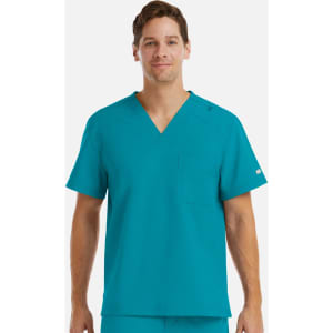 A teal men's v-neck top with a pocket, featuring a logo on the sleeve.