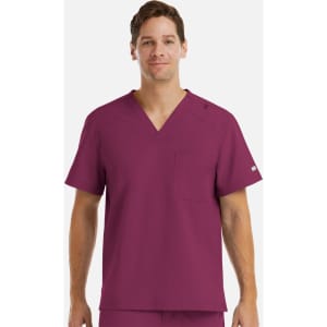 A men's tuckable v-neck top in a rich burgundy colour, featuring a pocket and a logo on the sleeve.