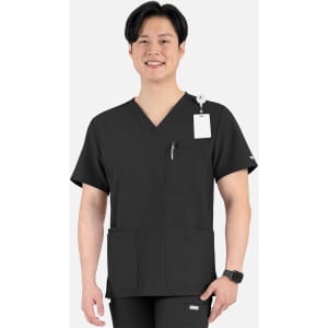A black V-neck top with four pockets, featuring a logo and a lanyard clip, worn by a smiling man.
