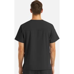A black men's V-neck top featuring four pockets, designed with a sleek back view and a logo.